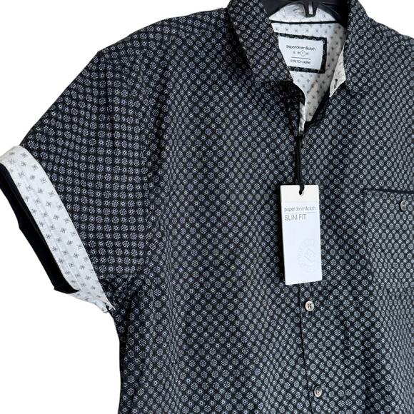 Paperdenim & Cloth Slim Fit Shirt XL Black White Geometric Short Sleeve NWT - Picture 6 of 16